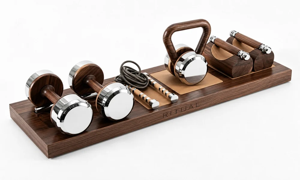 Kit de Treino Essencial — Halteres, kettlebell e acessórios com base